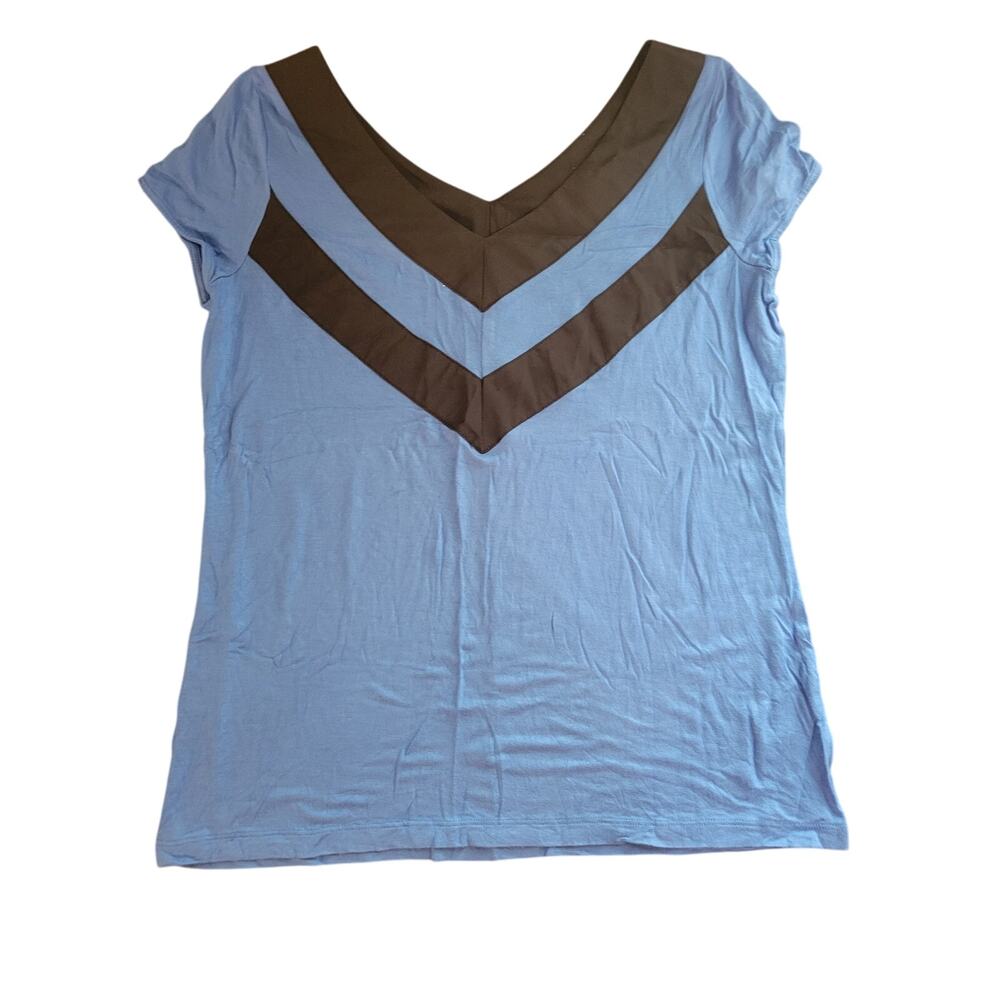 Worthington Womens Small Blue Black Chevron V Neck Short SLeeve Blouse Top